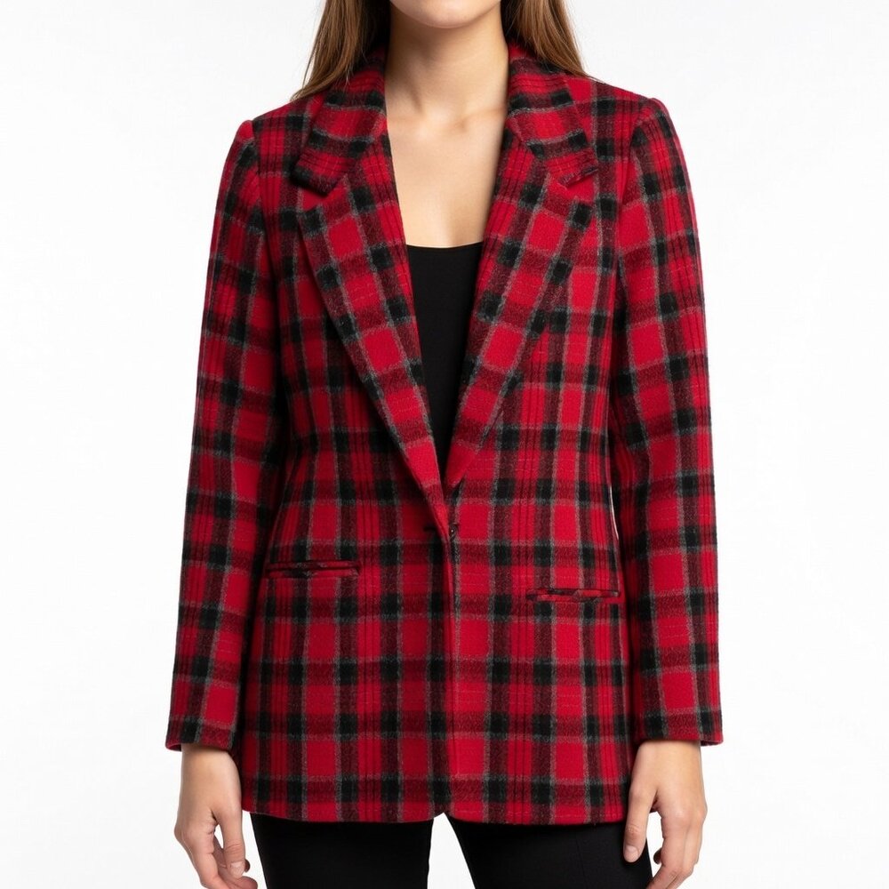 Jonathan Logan Women's Size 14 Red Wool Plaid Tartan Classic Blazer 90's Jacket